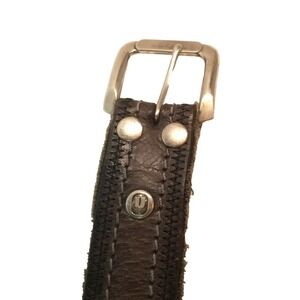 Brown Leather and Canvas Raw Edges Silver Buckle 36"-40" Unknown Symbol Brand